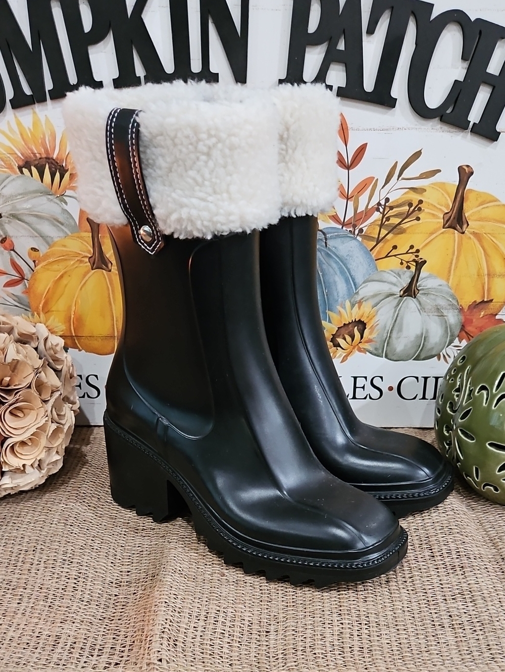INC Women’s Black Faux-Shearling Cuff Winter Rain Boots SZ 6.5